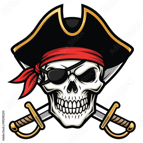 Fearsome Pirate Skull Illustration with Tricorn Hat and Eyepatch, Crossed Swords Emblem Design