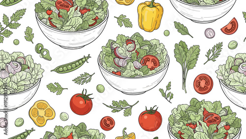 A seamless pattern of fresh vegetable salads in bowls with ingredients like tomatoes and peppers in a sketch style.