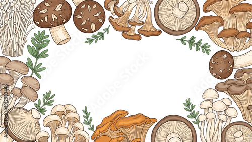 A food frame made from a variety of edible mushrooms like shiitake and chanterelle, in a detailed, hand-drawn style.