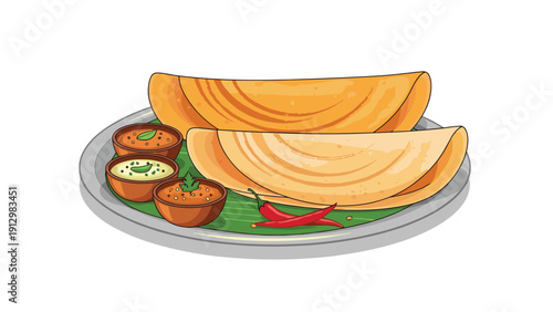 A traditional South Indian dosa served on a plate with various chutney and sambar side dishes in a cartoon style.