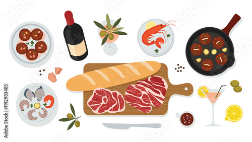 A top-down flat design illustration of a Mediterranean meal spread with meat, seafood, bread, wine, and appetizers.