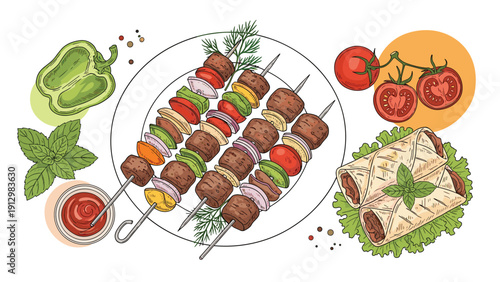 Colorful sketch illustration of grilled meat kebabs on skewers with vegetables, served on a plate with fresh tomatoes, peppers, and wraps.