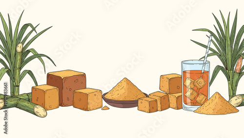 Seamless border illustration of sugarcane plants, brown sugar cubes, granulated sugar, and a refreshing glass of juice with ice cubes.