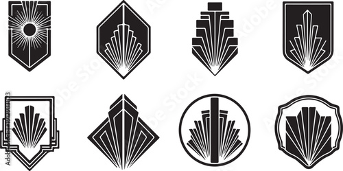Collection of stylized geometric military insignia featuring abstract city skyline and sunburst designs isolated on transparent background