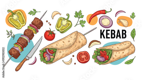 Hand-drawn set of kebab elements including shish kebab, doner wraps, and fresh ingredients like tomato, pepper, and onion illustrations.