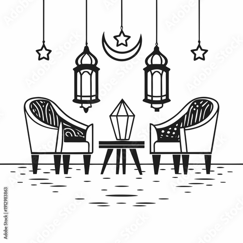 Vector illustration of a decorative bird cage with birds and a chair in a classic architectural silhouette style suitable for travel and landmark design themes