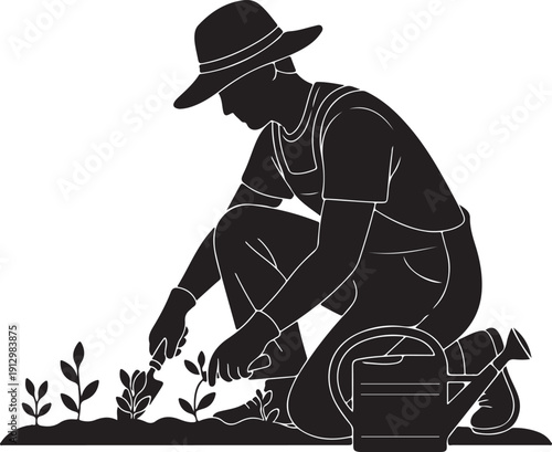 Black silhouette of a gardener working on a white background, minimal outline