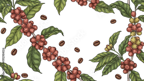A botanical frame of coffee tree branches with ripe red cherries and roasted beans, creating a decorative border with blank copy space.