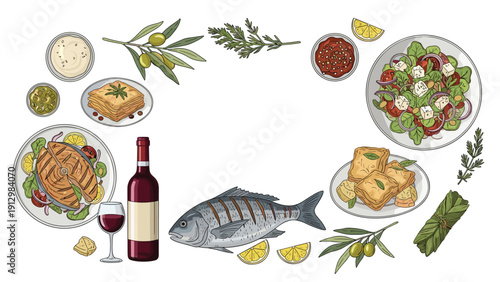 A culinary frame of traditional Greek food dishes, including grilled fish, salad, moussaka, and red wine, with a central copy space.