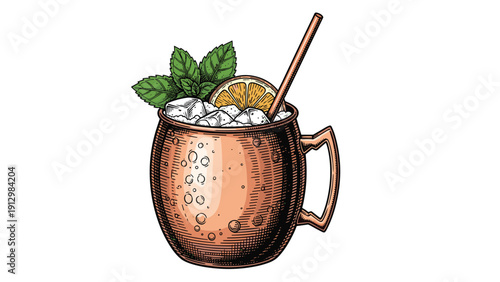 A hand-drawn illustration of a classic Moscow Mule cocktail in a copper mug, garnished with fresh mint and a lime wedge, in sketch style.