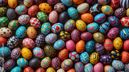 Sfondo pieno di uova di Pasqua colorate con decorazioni artistiche e motivi geometrici. Generative AI 