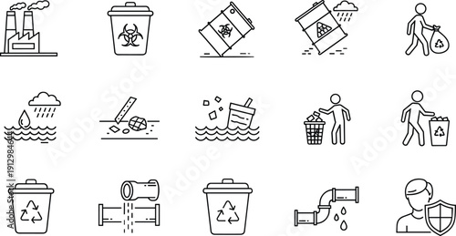 Environmental Pollution and Waste Management Icon Set with Recycling, Trash Disposal, Industrial Emissions, Water Contamination, and Ecology Line Vector Symbols