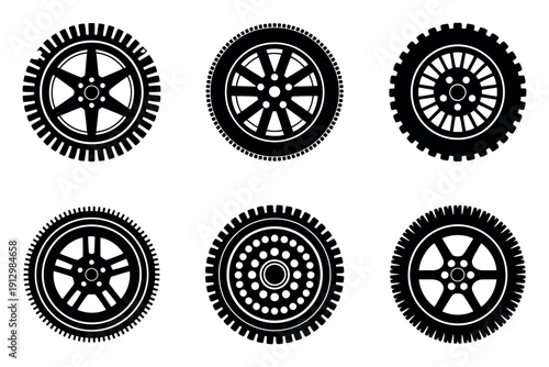 Automobile Wheel Tire Icon Set - Professional Black Silhouette Collection of Car Tires for Automotive Service and Road Maintenance Branding