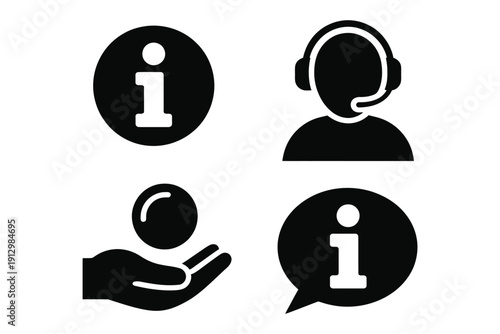Information icon set, customer service, help desk, contact us, and support symbols, vector silhouette illustrations featuring call center operator with headset, info sign, and speech bubble 