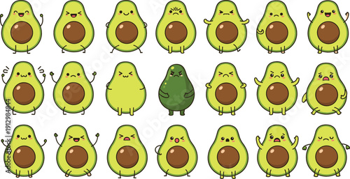 Cute Avocado Character Set with Funny Facial Expressions and Emotions, Cartoon Food Mascots for Stickers, Kids Designs, Social Media, and Branding Projects