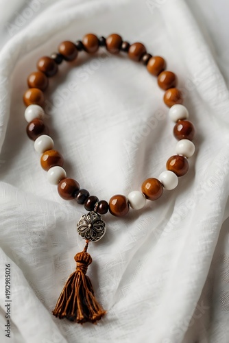 Prayer beads placed on clean white cloth with soft natural light, symbolizing devotion, remembrance, and peaceful spiritual practice.