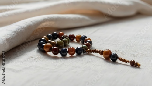 Prayer beads placed on clean white cloth with soft natural light, symbolizing devotion, remembrance, and peaceful spiritual practice.