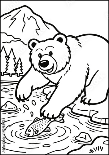 Cute Bear Catching Fish in River Coloring Page for Kids