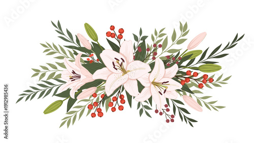 Symmetrical floral bouquet features large light pink lilies in full bloom, accompanied by green leaves and clusters of small red berries.