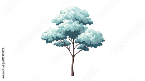 Solitary tree illustration features a slender trunk and a large, dense canopy of pale blue or white leaves, creating a wintry or ethereal look.