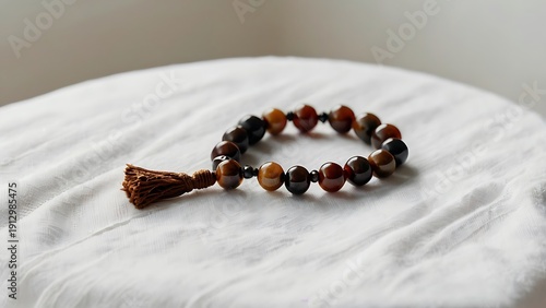 Prayer beads placed on clean white cloth with soft natural light, symbolizing devotion, remembrance, and peaceful spiritual practice.