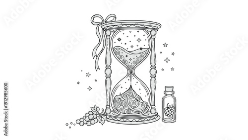 Intricate black and white line drawing features an hourglass filled with cosmic swirling sand and stars, accompanied by a small glass bottle.