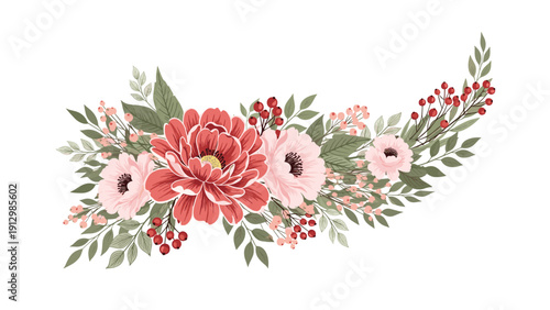 Elaborate floral arrangement features a sweeping composition of pink and red blossoms, green foliage, and delicate sprigs of small pink berries.