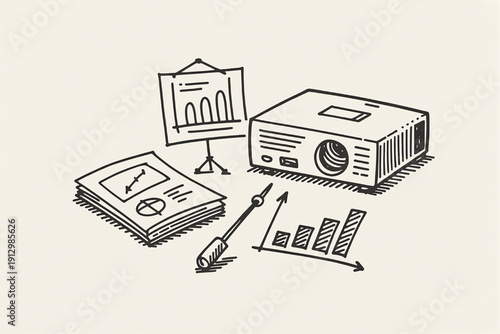 Doodle sketch of a projector presentation board and charts representing business meeting strategy and data analysis hand-drawn vector illustration