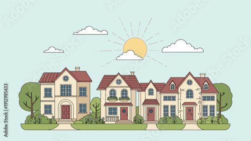 Charming illustration of a suburban street features a row of colorful houses with neat lawns and trees under a sunny, cloud-filled sky.