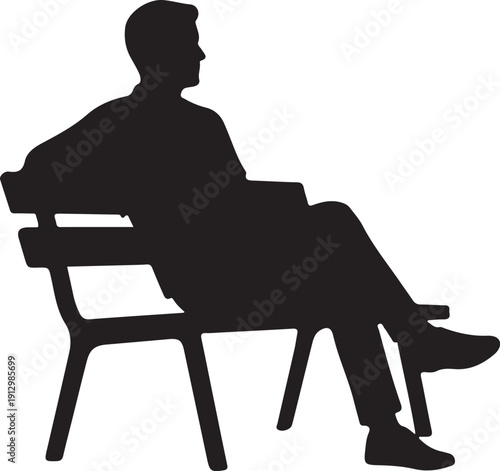 Black silhouette of a man sitting on a bench on a white background, minimal outline