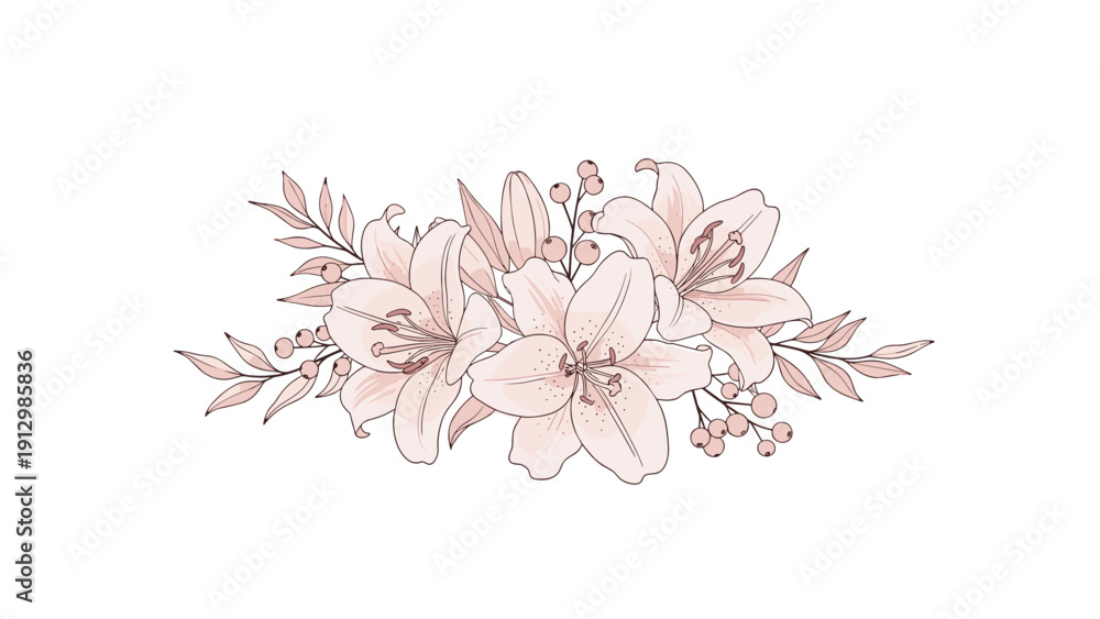 Fototapeta premium Beautiful floral arrangement with light pink lily flowers green leaves and small berries in a soft botanical design.