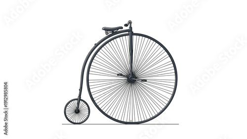 Classic vintage penny farthing bicycle featuring a large front wheel and a small back wheel on a white background.
