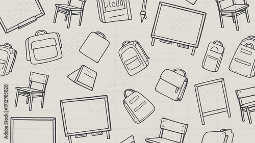 Hand-drawn school supplies pattern including chairs backpacks and chalkboards perfect for educational backgrounds and stationery design