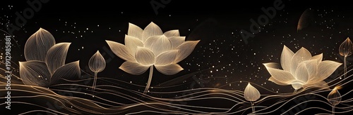 Abstract lotus flowers and leaves in gold line art on a black background
