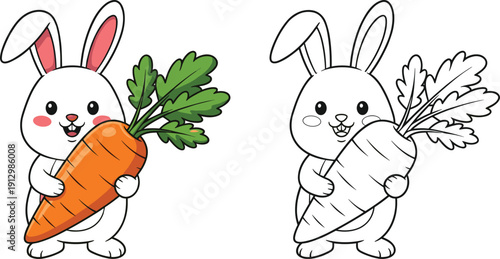 Cute Bunny with Carrot Illustration Set Featuring Happy Rabbit Characters Holding Fresh Vegetables for Kids, Easter, and Cartoon Design Projects