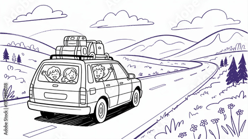 Family road trip in a car loaded with luggage driving on a scenic highway through rolling hills and countryside concept of vacation and travel