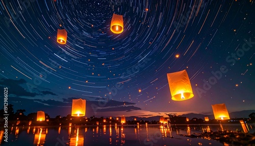 Magical Night - Floating Lanterns Illuminate the Starry Sky over Tranquil Waters.