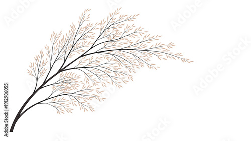 Graceful curved branch with many small delicate leaves blowing in one direction in a minimalist nature themed design.