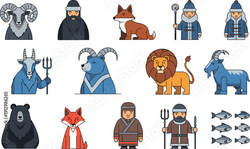 Fantasy Character and Animal Icon Set with Vikings, Mythical Creatures, Wild Animals, and Cartoon Style Adventure Vector Illustrations