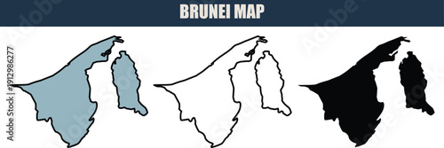 Brunei map illustration with grey, white, and black silhouettes on a clean white background, ideal for travel and geography projects.