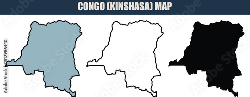 Congo okinshasal map illustration with grey, white, and black silhouettes on a clean white background, ideal for travel and geography projects.