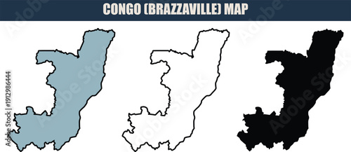 Congo ibrazzavillei map illustration with grey, white, and black silhouettes on a clean white background, ideal for travel and geography projects.