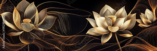 Abstract lotus flowers and leaves in gold line art on a black background