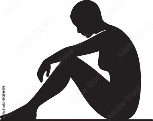 Black silhouette of a person sitting on the ground on a white background, minimal outline