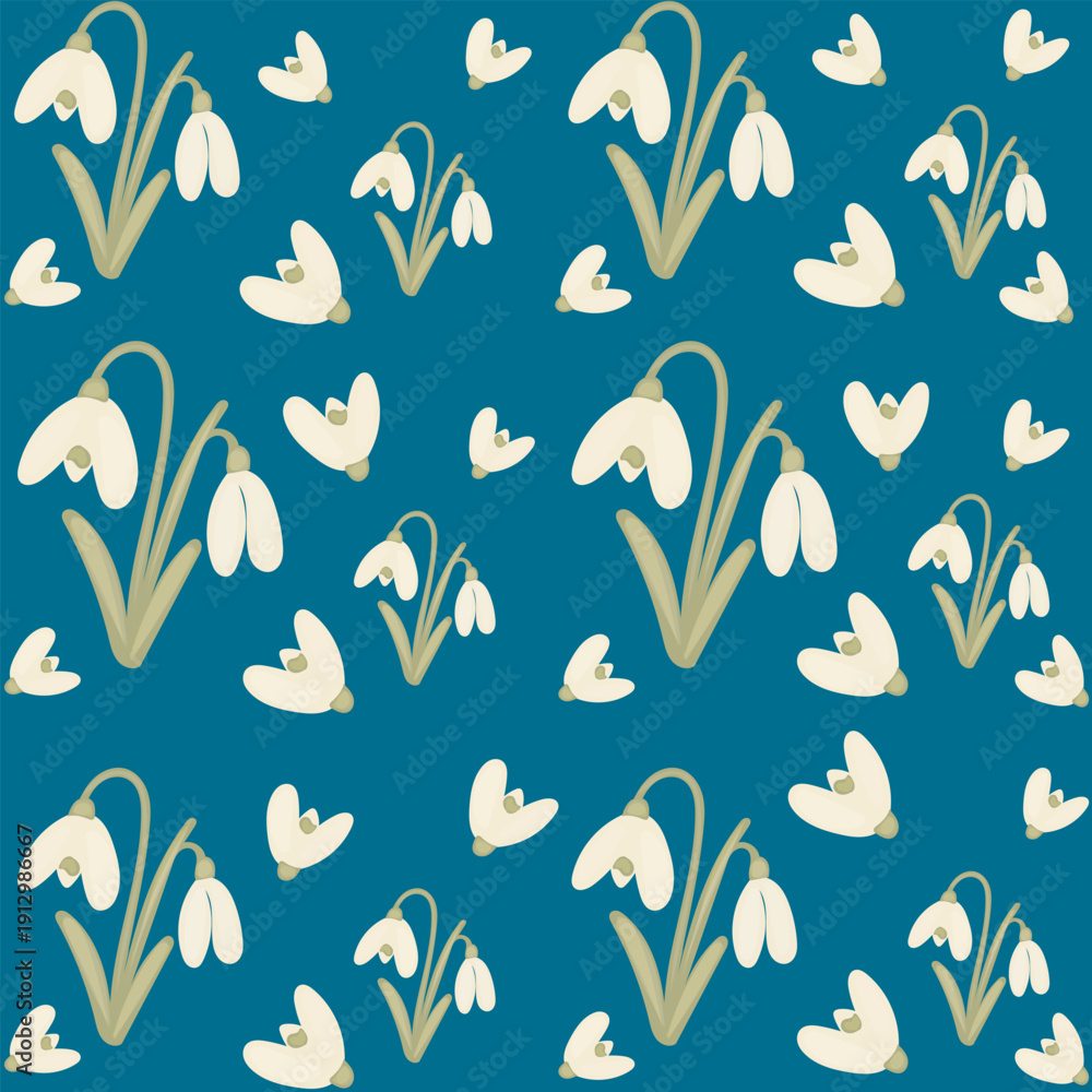 Naklejka premium Seamless pattern featuring delicate snowdrop flowers on a teal background. Perfect for textiles, wallpapers, packaging, and decorative projects.