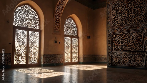 Elegant Islamic arch interior with intricate patterns and soft sunlight rays, creating a peaceful spiritual atmosphere and refined architectural harmony.