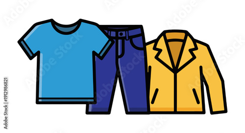 Collection of stylish clothing items including shirt, trousers, and jacket displayed together, a simple illustration