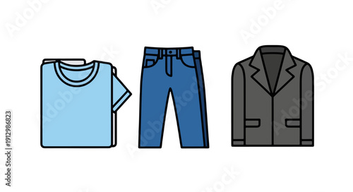 Vector illustration of clothing items including shirt, jeans, and jacket displayed in a row on a plain white background from a front view rr10.eps
