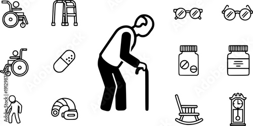 flat and linear set icons, old man icon, elder person with cane, senior generation