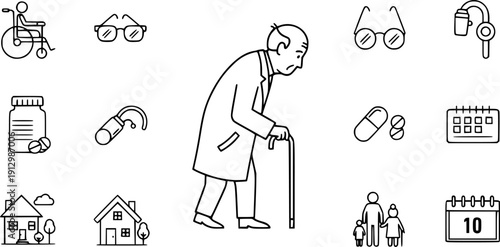 flat and linear set icons, old man icon, elder person with cane, senior generation